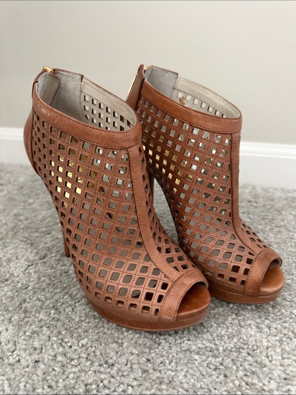 Michael Kors Tan Brown Peep-Toe Cutout Ankle Booties